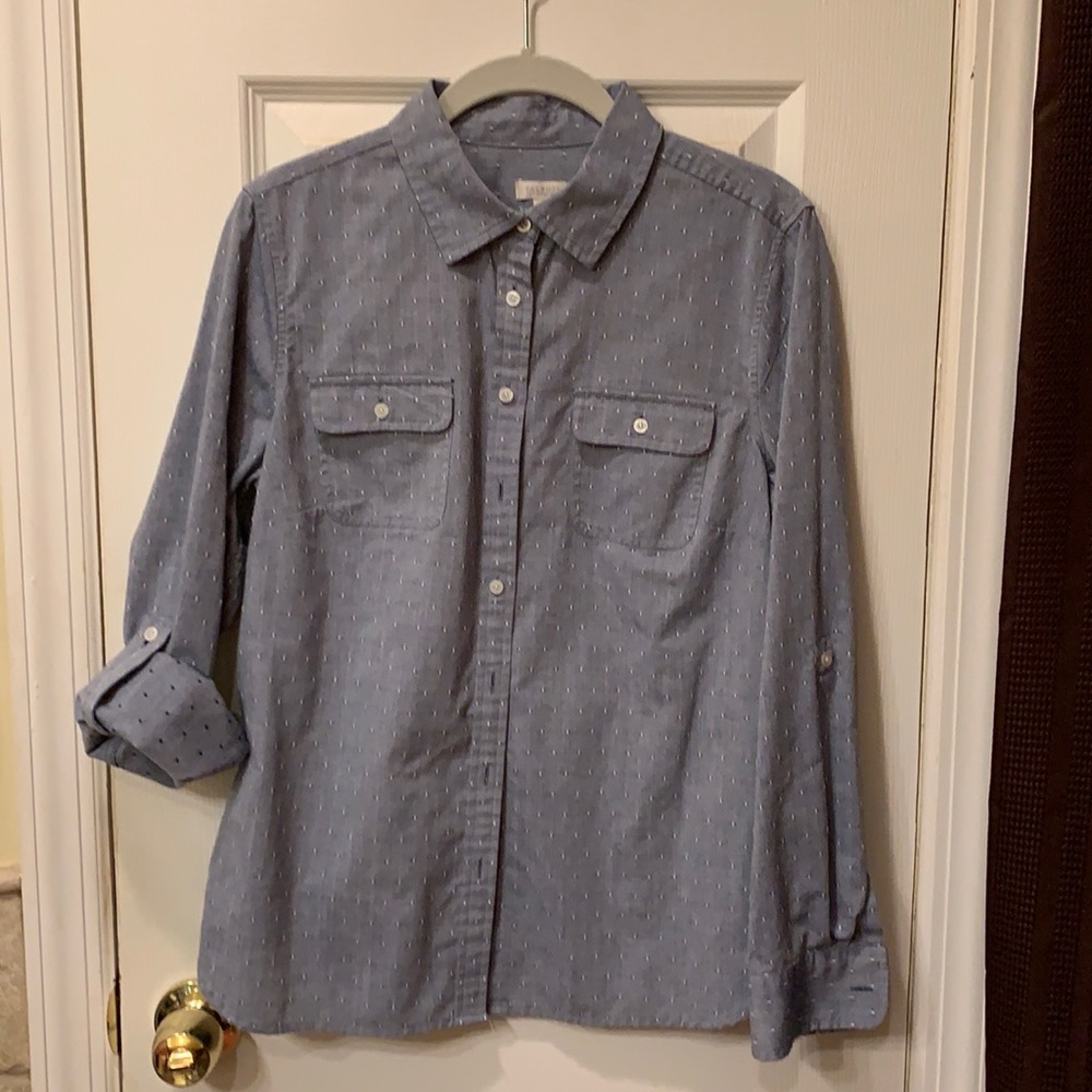 Talbot Petites Dotted Chambray Button Up Blouse